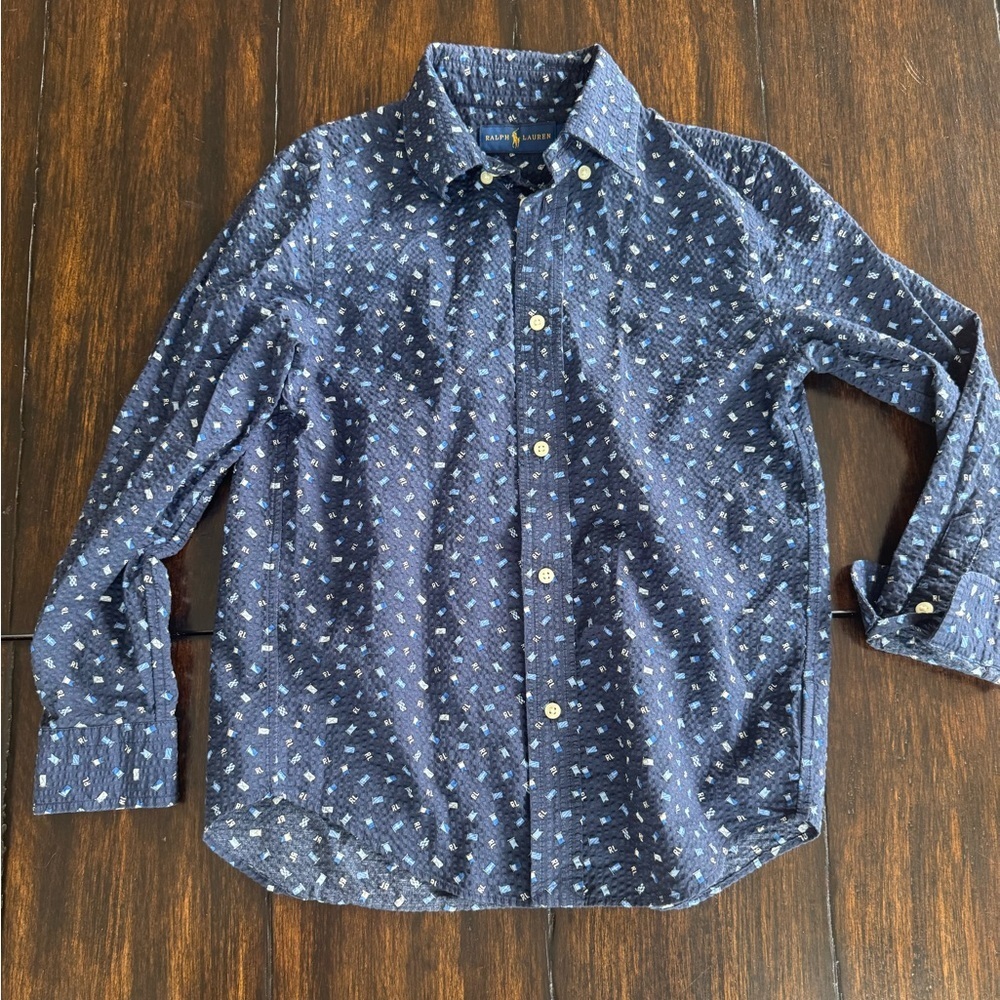 Ralph Lauren Boys Seersucker Nautical Flags  Dress Shirt sz 7
